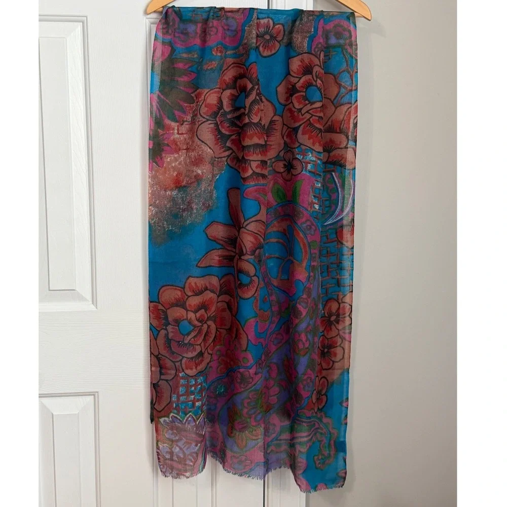 Chinar Floral Paisley Scarf Wrap Womens Blue Pink 100% Wool Boho Shawl